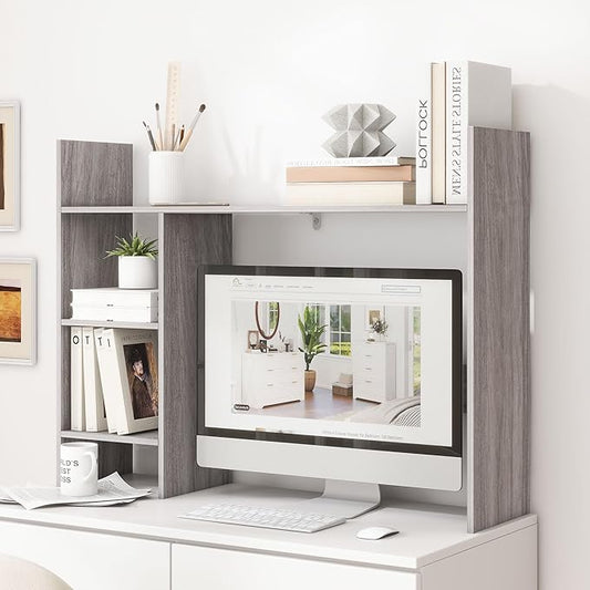 Desktop Bookshelf, Wooden Desk Hutch for Computer Monitor Up to 27'' with 3 Open Storage Shelves, Large 4-Tier Desk Organizer for Dorm Office Home, Wash Grey