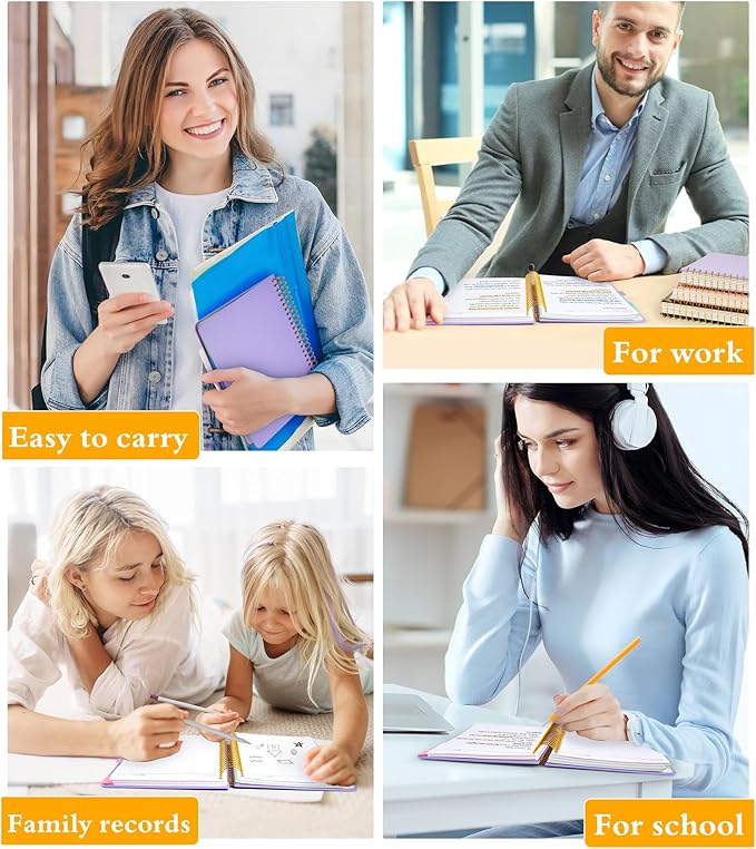 5 Subject Notebook College Ruled, A5 Hardcover Spiral Notebook with Removable Pocket Dividers Tabs, 240 Pages Lined Spiral Journal Notebook for Women, 6x8.5 Notebooks for Work School Note taking purple