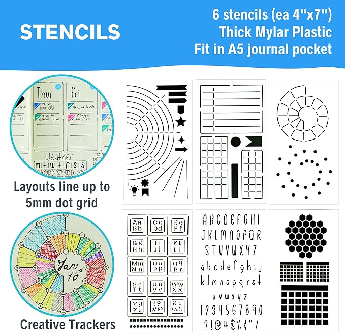 Ultimate Productivity Stencils & Stickers - x20 Sheets of Planner Stickers, x6 Stencils - Calendars, to Do Lists, Habit Trackers, Goals - Accessories & Supplies for Bullet Journals by Sunny Streak