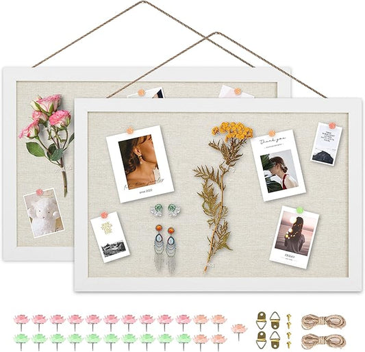 AKTOP 2-Pack Cork Board Bulletin Board 16x11 inch, Small Framed Corkboard with Linen for Wall, Hanging Pin Board Picture Board for Home Office Decor, Cute Vision Board with 25 Pushpins (Vintage White)