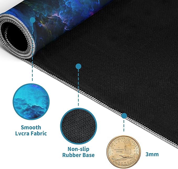 Dazzling Galaxy Gaming Mouse Pad Blue Desk Mat XL Mouse Gaming Pads, Starry Sky Keyboard Pads Extra Large Desktop Computer Mats with Non-Slip Base & Stitched Edges, Vintage Office Decor 31.5x11.8