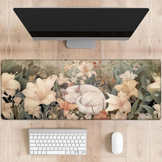 Cute Floral Cat Gaming Mouse Pad, White Cat Sleep Among Flowers Large Desk Mat for Computer, Extended Keyboard Laptop Mouse Pads 31.5×11.8in, Non Slip Rubber Mousepad for Office Decor Gifts