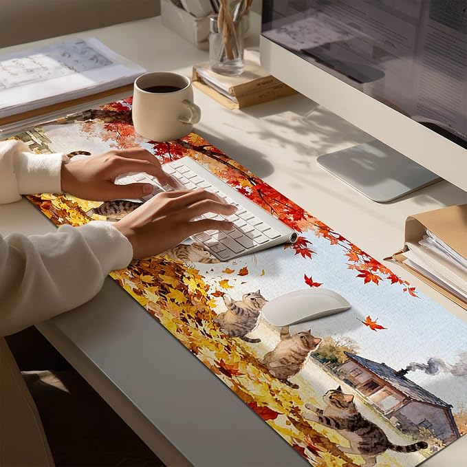 Cat XL Mouse Pad 31.5 x 11.8 Inch Gaming Mousepad Diatomite Large Keyboard Mouse Pad for Home and Office Desk Accessories with Autumn Leaves Kittens Illustration Featuring Stable Base