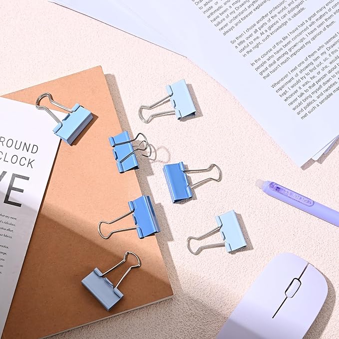Temiary Aesthetic Binder Clips, 60 Pcs 0.6 Inches Small Metal Binder Clip with Clear Storage Container, Binding Paperwork Clamps for School Teachers Office Supplies (Blue)