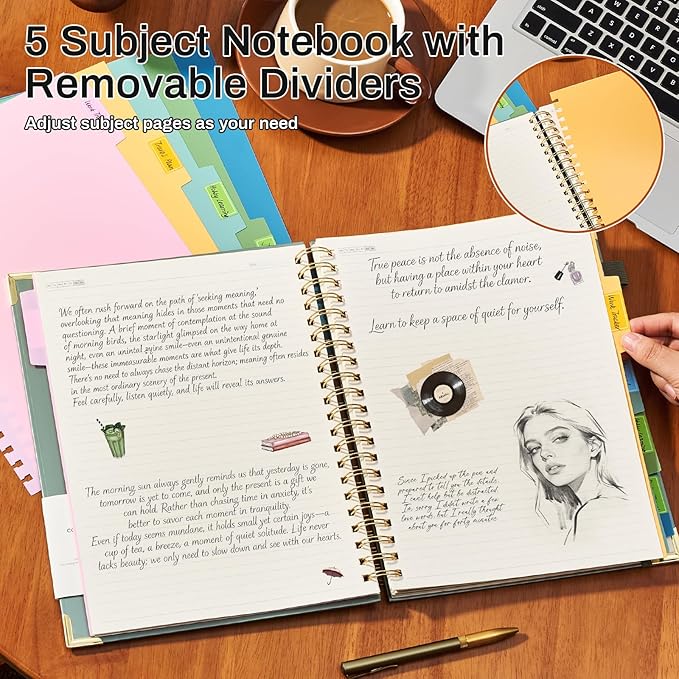 Hardcover Spiral Notebooks 8.5" X 11" Note Taking 5 Subject Notebook College Ruled with Dividers 240 Pages 100GSM Aesthetic Spiral Notebook for Work School Cute Journals for Women Writing, Light Green