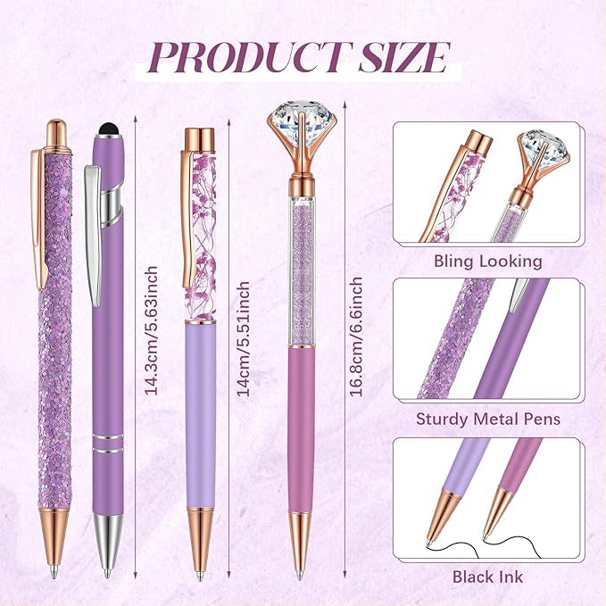 Sabary 8 Pcs Ballpoint Pens with Pen Holder for Desk Glitter Crystal Diamond Fancy Pencil Holder Bling Desk Organizer Cute Stationery Supplies for Women Girls Wedding Office School Gifts(Violet)