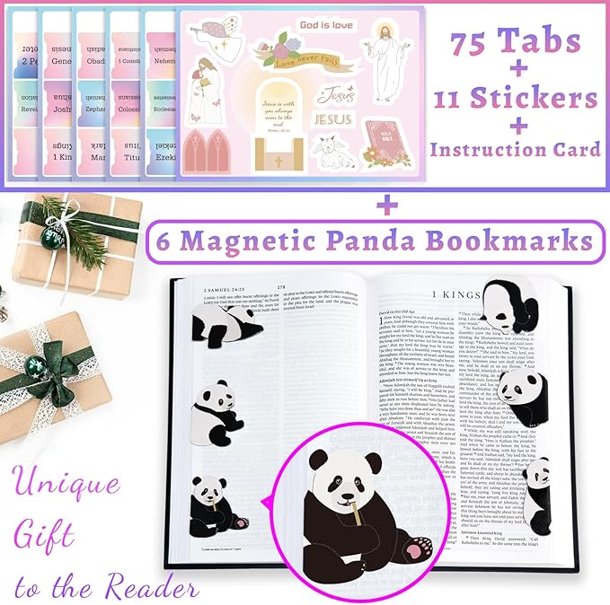 Bible Tabs with Magnetic Panda Bookmark, Bible Tabs for Women, Laminated Bible Tabs, Christian Gifts, Large Print Bible Tabs with Unique Sticker, Index Tabs Labels, Bible Study Supplies (Rainbow)