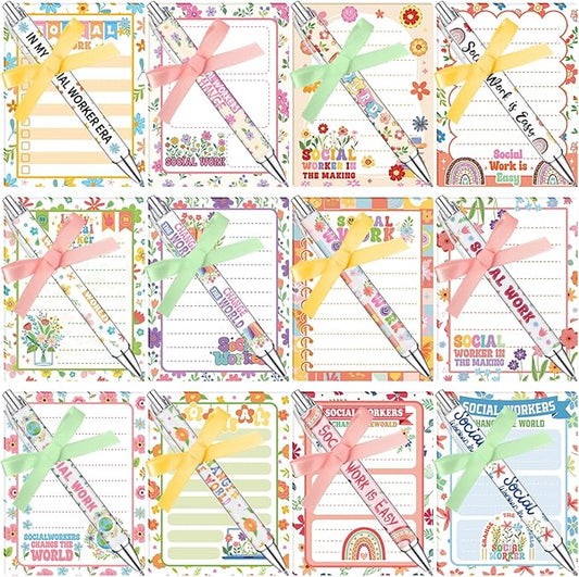 Eaasty 24 Sets Christmas Social Worker Appreciation Gifts Bulk Notepads and Ballpoint Pens Set with Ribbon Social Work Month Gifts for School Staff Coworker Office Supplies