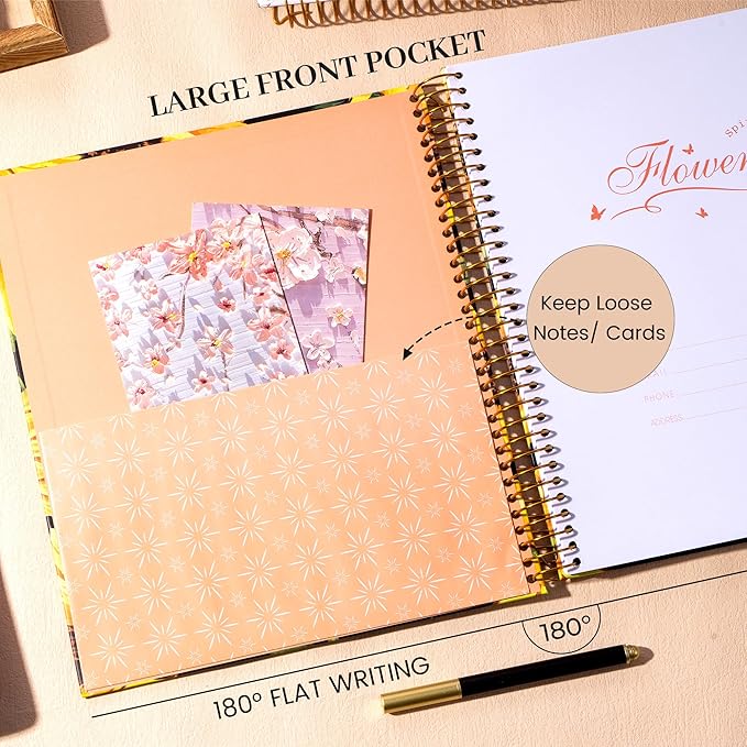 CAGIE Spiral Notebook 8.5 x 11 Aesthetic Hardcover Notebooks College Ruled with Large Pocket Floral Note Book Spiral Bound Journal Notebooks for Work Note Taking Women Writing School, Sunflower