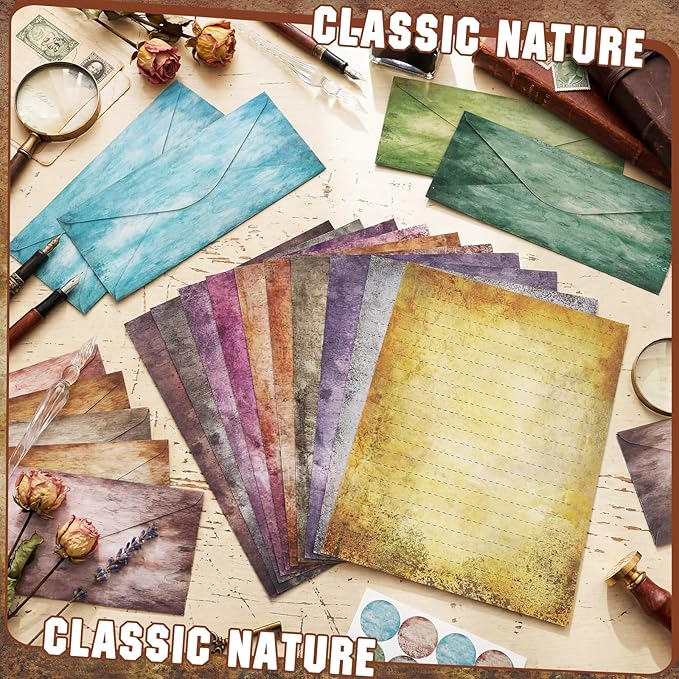 TaoBary 160 Pcs Stationery Paper Set 50 Double Sided Stationery Paper with 50 Matching Envelope and 60 Round Dot Sticker, 10 Design (Vintage Colors,8.5 x 11 Inch)