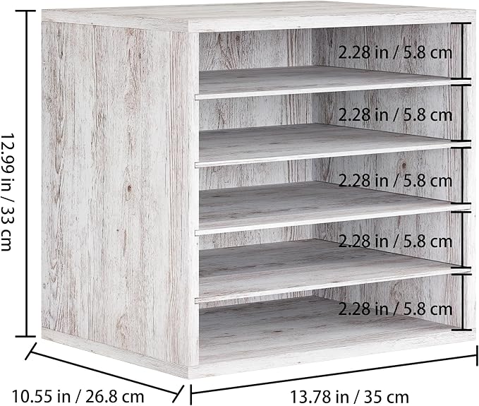 Mail Sorter Organizer, Letter Size Wood Desktop File Organizer, Sturdy Paper Storage Office Supplies with Adjustable Shevles for Office，5 Compartments Whitewashed