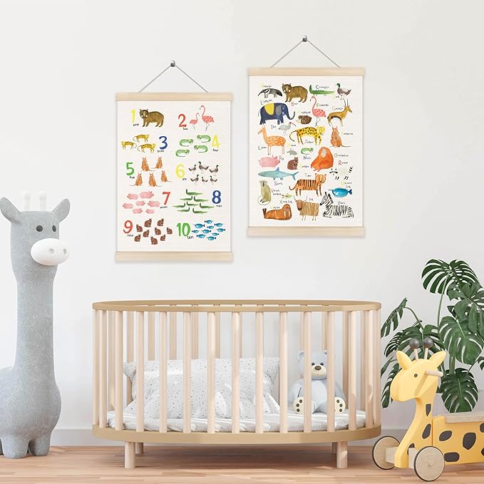 Koesus Animal Alphabet Numbers 1-10 Wall Art Poster Hanger Frame 12x16 Inch Set of 2, Educational Canvas Pictures Prints Framed Wall Decor for Toddler Kids Room Nursery Preschool Classroom Playroom
