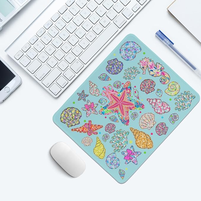Wildflower Seashell Clam Summer Mouse Pad,Blue Coastal Beach Mouse Pad,Ocean Seahorse Starfish Desk Mat,Girly Summer Desk Pads for Dorm Home Office Desktop Decor,11.8x9.8 Inch
