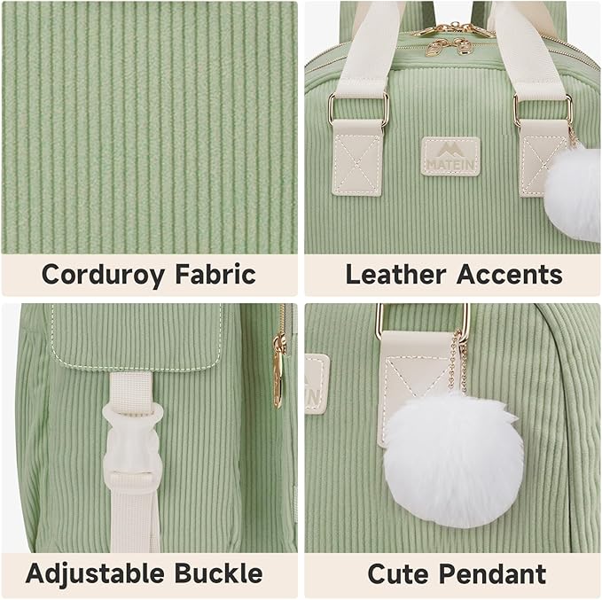 MATEIN 15.6 Laptop Backpack, Cute School Backpack for Teens Girls Corduroy Computer Bookbag with Luggage Strap, High School College Backpacks Students Daypack Gifts for Girl Sister Kids Nurse, Green