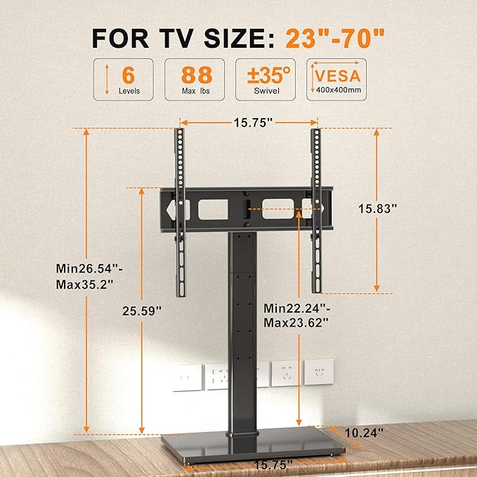 Universal Swivel TV Stand Base Table Top TV Stand for 23-70 Inch TVs 70 Degree Swivel, 6 Height Adjustable Tall Monitor Mount Stand, Max VESA 400x400mm,Holds up to 88lbs TS206
