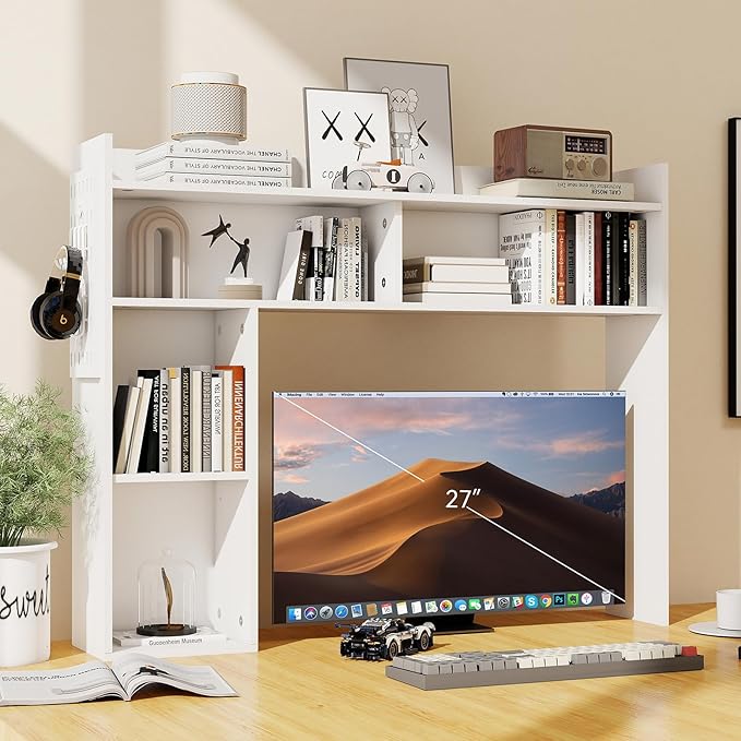 ELECWISH Desktop Bookshelf, Desk Shelf for Computer Desk, 33.46" 5-Tier Adjustable Desktop Hutch Organizer with Pegboard for Home Office, White