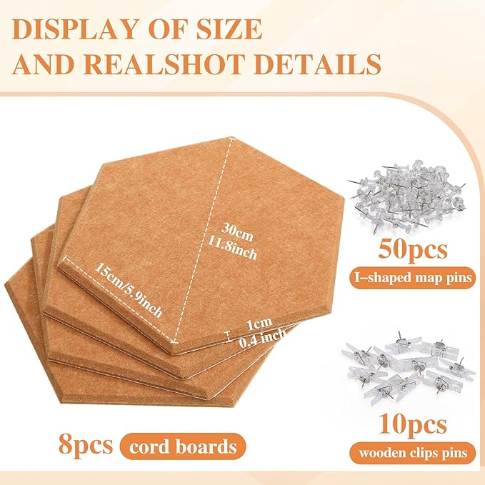 8 Pcs 12" Large Hexagon Felt Cork Board Tiles Self Adhesive DIY Bulletin Board Pin for Office Home Wall Decor Stickers Memos Photos Display with 10 Multi-Color Clip Drawing Pins(Yellow)