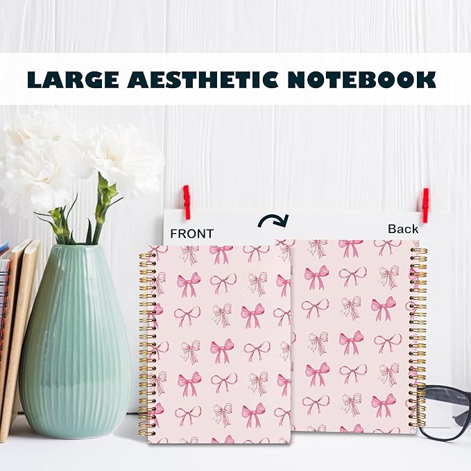 BearCake Pink Bow Sticky notebook,Cute Preppy Journal,Trendy Coquette Pink Bow Notebook for Women note taking, Hardcover Spiral Notebook 5.5x8.3