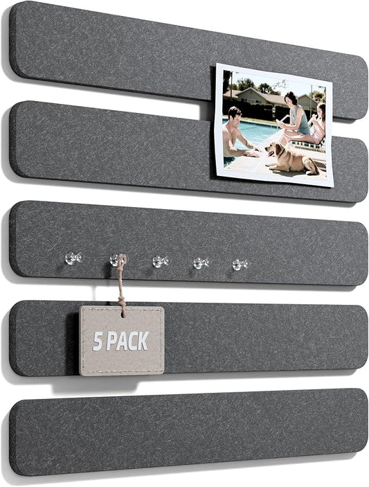 Fluxynara Cork Board Alternative Felt Strip Board 5-Pack 13"x2", Office Pin Board with 35 Push Pins, Adhesive Install for Bedroom Door & Home Office(Charcoal Gray)