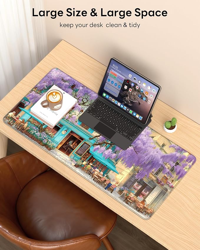 XL Gaming Mouse Pad, 31.5x17.5'' Large Desk Mat with Anti-Slip Rubber Base & Stitched Edges for Gaming, Office, Home - Wisteria Cafe