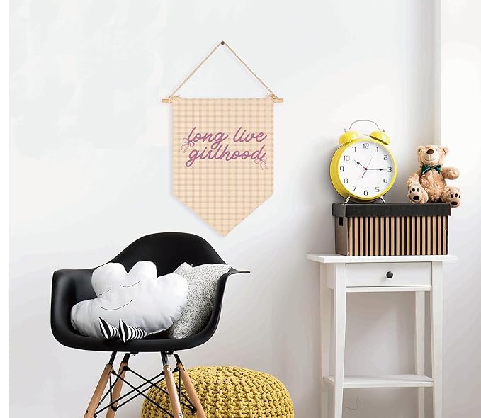 Girls Room Decor-Long Live Girlhood Banner Hanging Flag Vintage Poster for Nursery Playroom Wall Decor for Kids Bedroom Dorm Toddler Trendy Room-Canvas Sign Pennant Wall Art-Christmas Gift-15.6"x11"