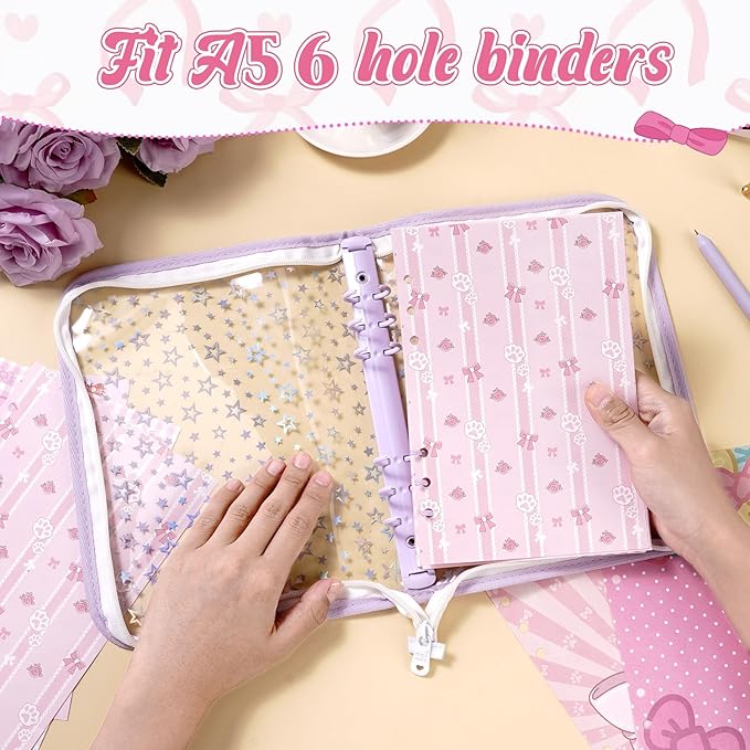 100 Sheets Pink Bow A5 Planner Inserts - 120GSM Thick Bowknot Refill Papers for A5 6-Ring Binder, Cute Cartoon Cat Loose Leaf Sheets for Journal Diary Creative Planning Budget Girls Women