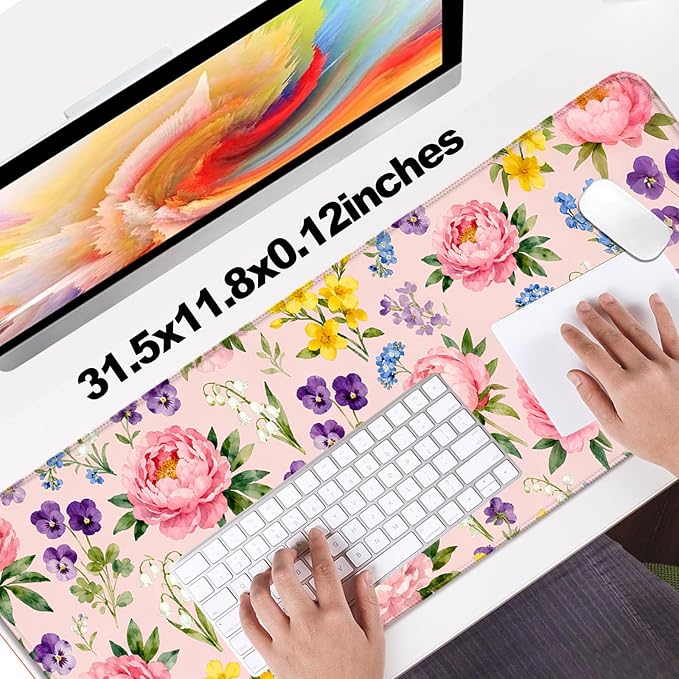 Pink Peony Flowers XL Large Desk Mat, Extended Long Pretty Floral Aesthetics Desk Pad for Gaming and Office, Non-Slip Rubber Base, Comfortable Surface Mouse Pad, 31.5x11.8 in (H12)