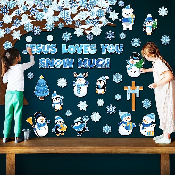 Zonon 114 Pcs Winter Bulletin Board Decorations Christmas Religious Christian Bulletin Board Set Snowflake Snowman Tree Jesus Loves You Snow Much Cutouts Winter Classroom Decorations for School Wall