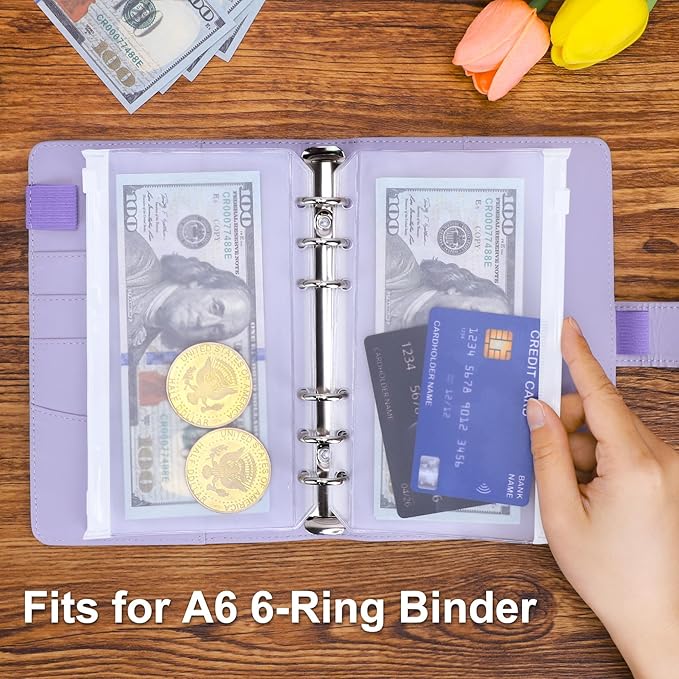 Antner 20pcs A6 Binder Pockets 6-Hole Budget Binder Inserts Cash Stuffing Envelopes for Budgeting, White Zipper Pouch Folders Loose Leaf Filling Bags Money Organizer for A6 6-Ring Planners and Binders