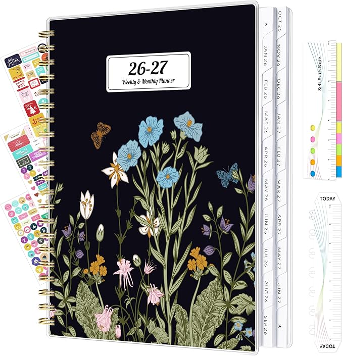 Ospelelf 2026 2027 Planner Weekly and Monthly Calendar Spiral Bound, A4 Office Supplies For Women & Men, 18 Months PVC Cover Life Planners with Stickers Night Flower