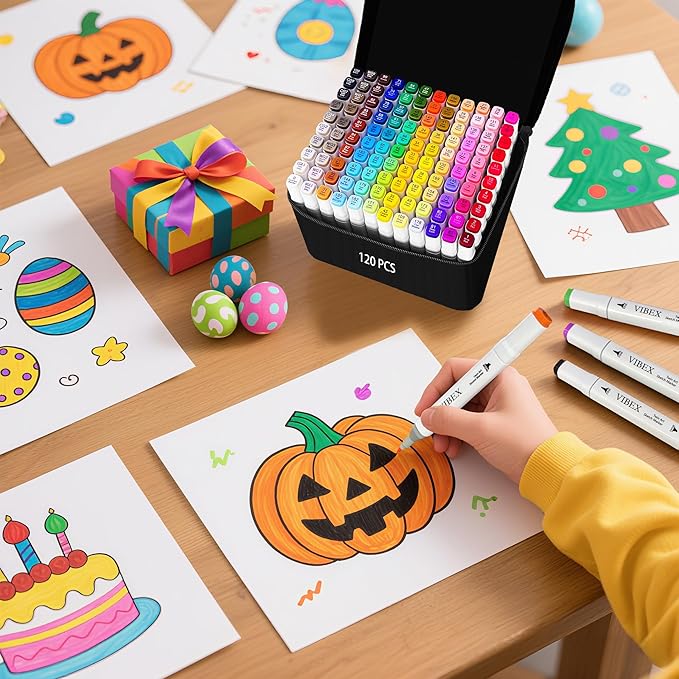 VIBEX 120 Colors Alcohol Markers with Base Dual Tip Drawing Markers for Adult and Kids Comics Coloring Sketching Illustration - Refillable (120 White)