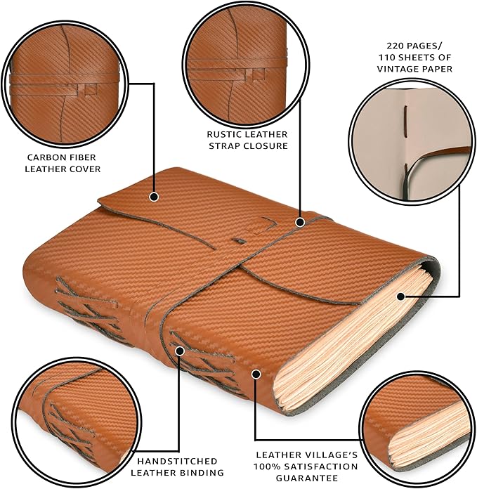 LEATHER VILLAGE Carbon Fiber Genuine Leather Bound Journal - 7'' x 5'', 220 Pages - Vintage Blank Paper Diary for Writing, Drawing, Sketchbook, and Travel Notebook - Ideal for Women and Men- Tan