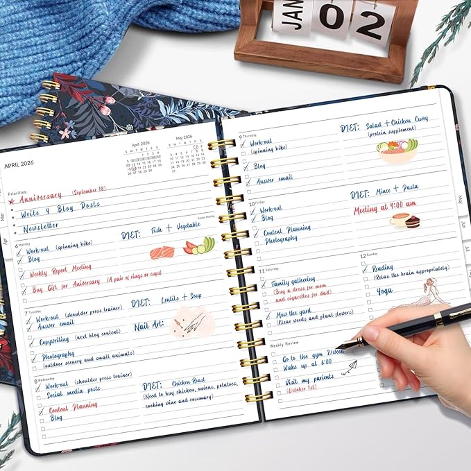 2026 Planner 8.5 x 11, Large Weekly and Monthly Planners with Tabs, A4 Spiral Bound Daily Calendar 2026 Planner, 12 Month Agenda Organizers from Jan. to Dec.(Black Bloss)