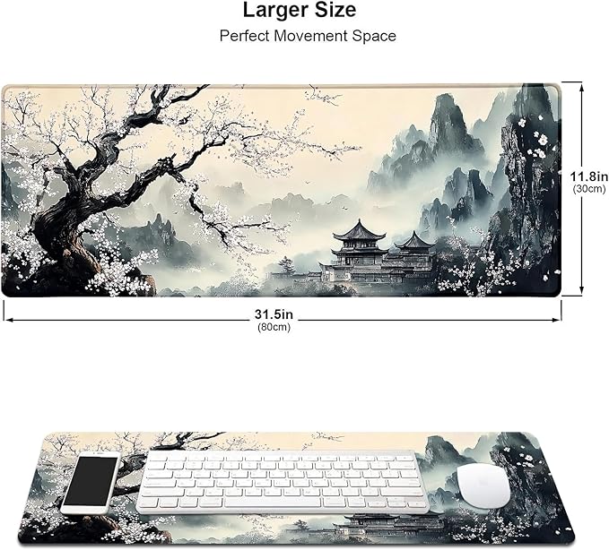 Japanese Cherry Blossom Large Mouse Pad, Desk Mat Computer Keyboard Pad Non-Slip Rubber Base Waterproof with Stitched Edges for Laptop Gaming, Office & Home 31.5 x 11.8 Inch