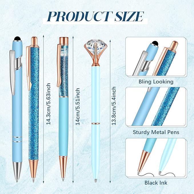 Sabary 8 Pcs Blue Pens with Pen Holder for Desk Glitter Crystal Diamond Cute Ballpoint Fancy Pencil Holder Bling Desk Organizer for Women Girls Gifts School Office Wedding Supplies