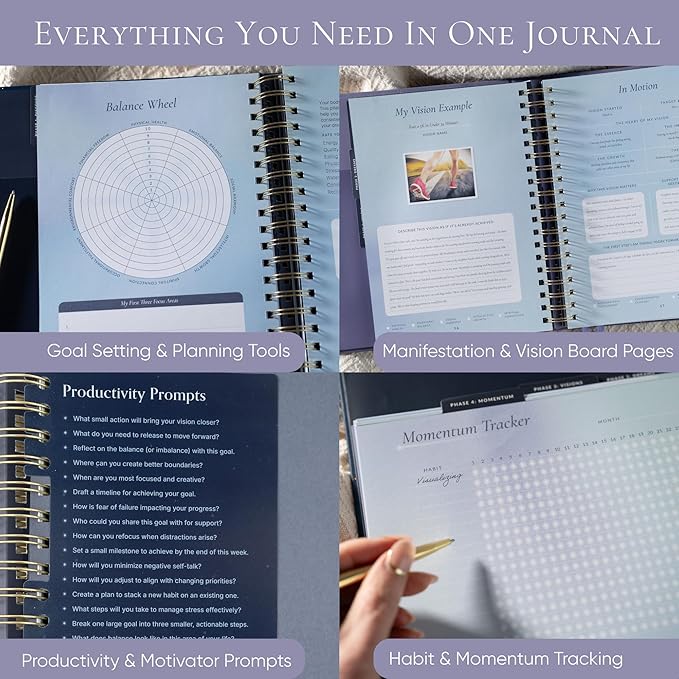 Manifestation Journal & Vision Board Kit Guided Journal | Self Improvement & Goal Planner with Habit Tracker for Self Care | Undated Vegan Leather Hardcover | Visions in Motion Portable Vision Board (Purple)