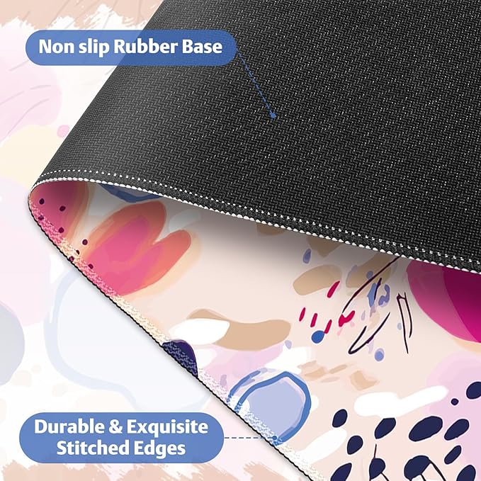 Desk Pad Mouse Pad, Large Gaming Mouse Mat with Stitched Edges, Non-Slip Waterproof Rubber Base Mous Mat for Office Computer Keyboard Laptop Home Decor Women (35.4X17.5 in), Apricot Magenta Flower