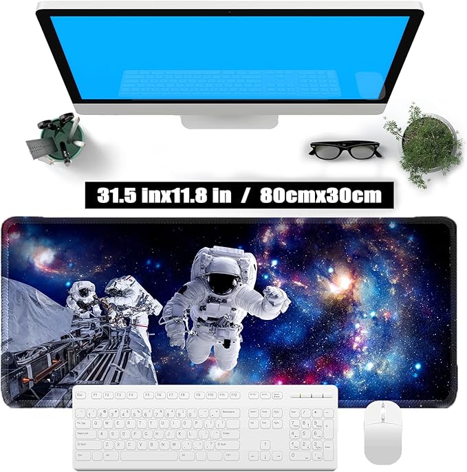 Astronauts in Space Mouse Pad, Oversized 31.5x11.8in Non-Slip Desk Mat, Micro-Woven Fabric with Stitched Edges for Gaming, Work, and Home Office