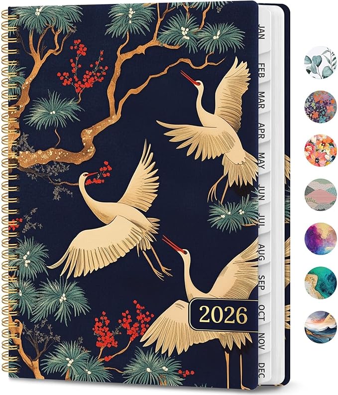 2026 Planner, Weekly and Monthly Calendar Planner Book, January 2026 - December 2026, Hardcover Spiral Planner with Monthly Tabs, Notes Pages, Perfect for Women & Men, A4 (8.5" x 11") - Cranes