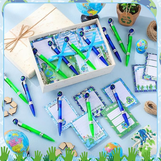 Eaasty 24 Sets Earth Day Gifts Bulk, Retractable Ballpoint Pen Set with Notepad and Ribbon World Earth Day Note Pads Pens Gifts for Office School Home Stationery Classroom Party Favors