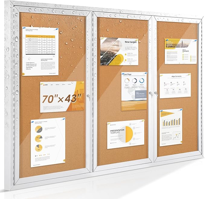SWANCROWN Enclosed Bulletin Board 70x43in, Outdoor Bulletin Board Weatherproof for Office School Commerce, Cork, Sliver Aluminum Frame