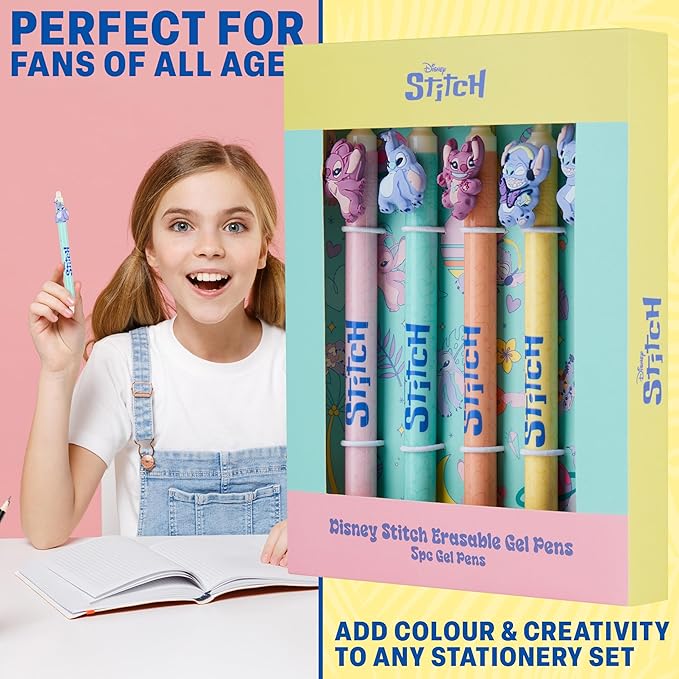 Get Trend Disney Stitch 5pcs Erasable Gel Ink Pens and Angel Cute Writing Pens for Kids Fun Stationery Set Kawaii Journaling Supplies Cool Pen Gifts for Kids (Stitch & Angel)