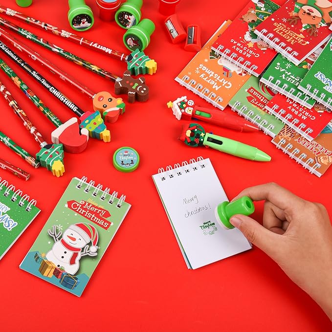LiYiQ 247 Pcs Christmas Party Favors Return Gifts for Party, Student Stationery Gifts from Teacher, Pencil Erasers Notebooks Stickers for Classroom Birthday Goodie Bags Rewards Prizes