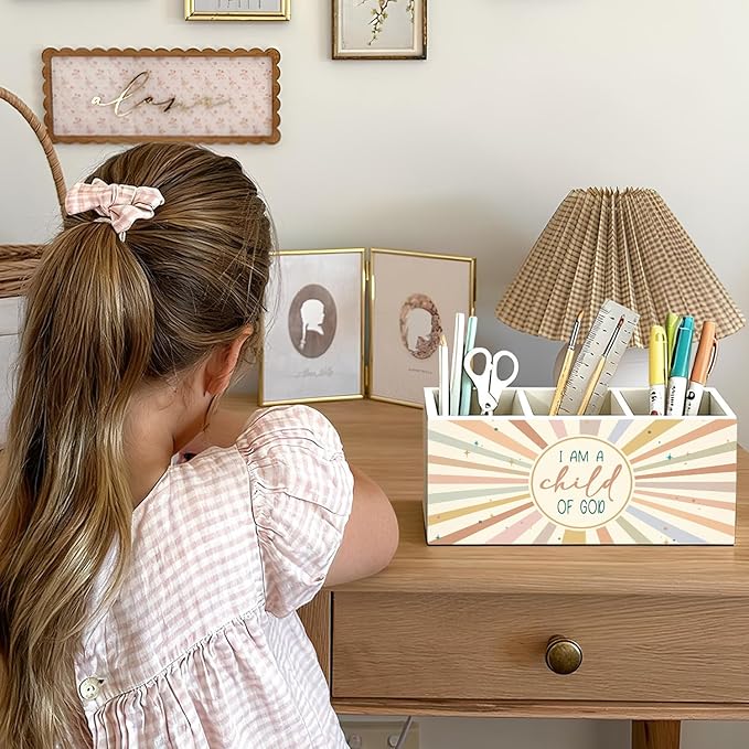 Boho Sunshine Christian Pen Holder, Christian Gifts Pencil Holder for Desk, I Am a Child of God Bible Verse Wooden Box Sign Decorations for Kids Nursery Room Bedroom Classroom Desk Tabletop