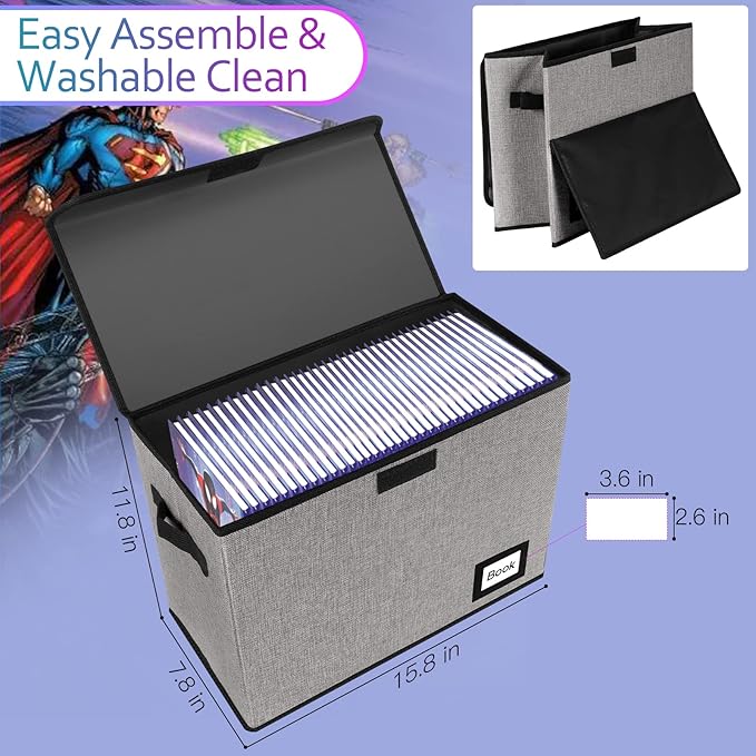 Collection Comic Book Storage Box, 15.8" X 7.8" X 11.8", Collapsible Comic Short Box, Holds 160-180 Comic Book, Heavy Duty Bin Container Holder Shelf Protector Organizer (Grey)