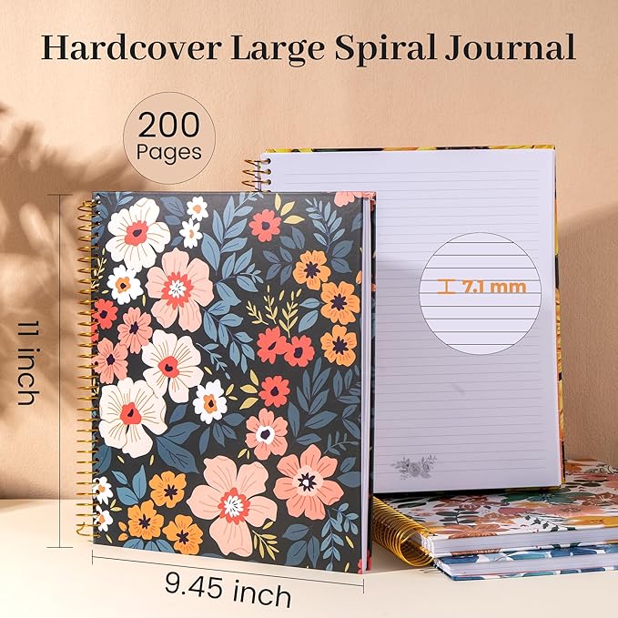 CAGIE Spiral Notebook 8.5 x 11 Hardcover Notebooks College Ruled with Large Pocket Aesthetic Floral Note Book Spiral Bound Journal Notebooks for Work Note Taking Women Writing School, 200 Pages