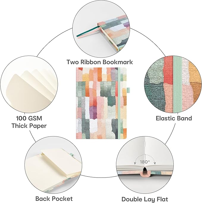 &And Per Se Bullet Dotted Journal, A5 Hardcover Aesthetic Notebook – 160 Pages 100gsm Thick Dot Grid Paper, 3 Sticker Sheets – Gift-Ready Journaling Kit for Women (Colorful Stripes)