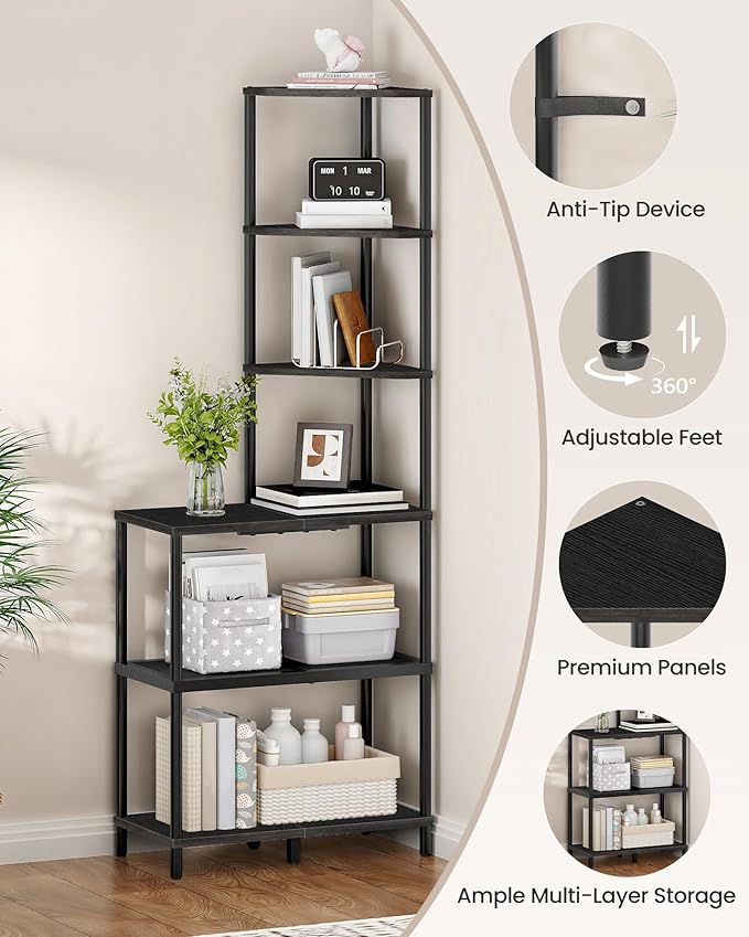 6-Tier Corner Shelf, Industrial Corner Bookshelf with Desk Top, Diamond-Shaped Storage Shelves, Display Stand for Small Spaces, Living Room, Home Office, Foyer, Black TCJ70BB
