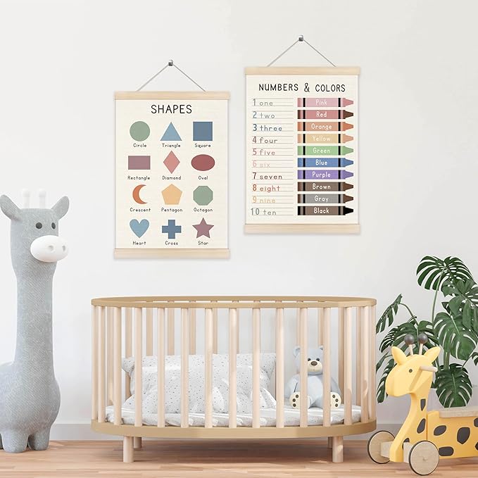 Koesus Colored Numbers and Shapes Wall Art Poster Hanger Frame 12x16 Inch Set of 2, Educational Learning Canvas Pictures Prints Framed Wall Decor for Classroom Toddler Kids Room Nursery Playroom