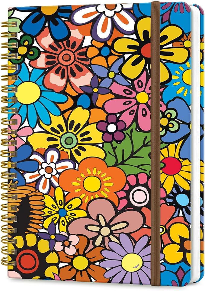 Spiral Journal Notebook, A5 Cute Notebooks for Women Men, College Ruled Hardcover Notebook for Work & Note Taking, 60 Pages Double-Wire Journals for Writing, Cute Colorful Boho Flowers
